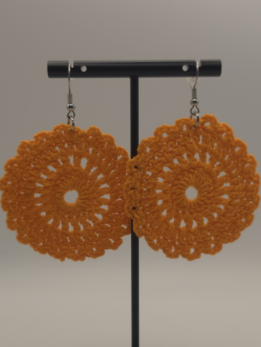 Handmade Yellow Crochet Circle Earrings - Picture 2 of 3